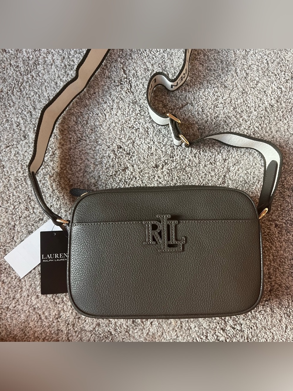 NWT Lauren Ralph Lauren Carrie Pebble Leather Camera Crossbody Bag Olive